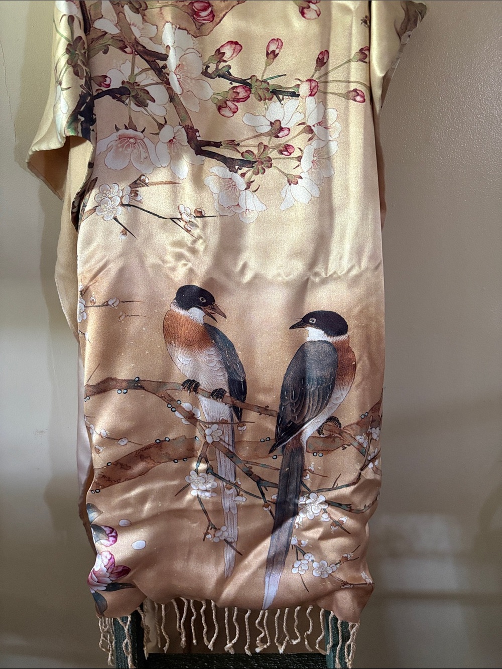 Canxishi Silk Floral Scarf with Bird Print in Champagne and Teal